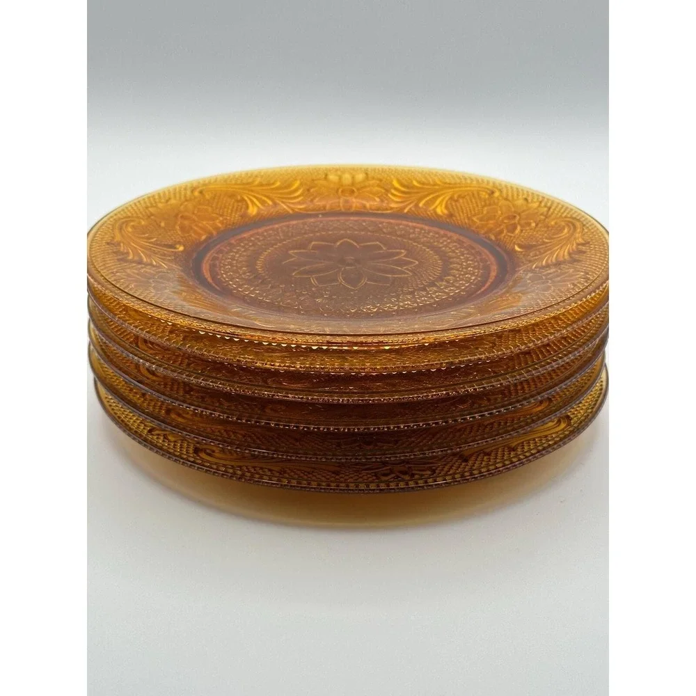 Vintage Amber Glass Dessert Set — 5 Sherbet Cups & 6 Plates, MCM Glassware